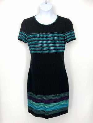 ST. JOHN Black Green Multi USA Made! Stripe Woven Size 8  (M) Dress