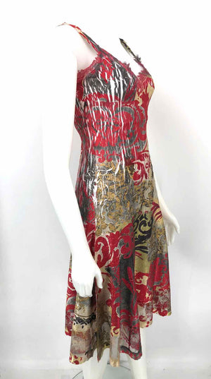 KOMAROV Burgundy Gold Scroll Pattern Crinkle Size MEDIUM (M) Dress