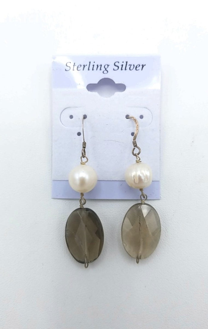 Brown White Sterling Silver Pearl Faceted Dangle SS Pearl Ear