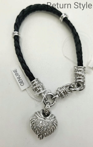 JUDITH RIPKA Black Sterling Silver Leather Heart ss Bracelet