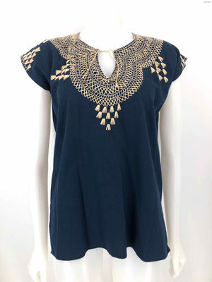 Navy Beige Embroidered Short Sleeves Size SMALL (S) Top