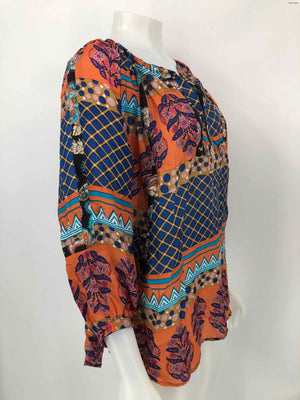 PERSAMAN Orange Blue Multi Silk Print Puff Sleeves Size 2X  (XL) Top