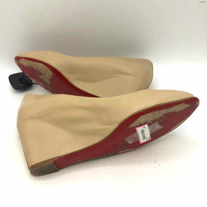 LOUBOUTIN Beige Leather Italian Made Peep Toe Wedge Shoe Size 37 US: 7 Shoes