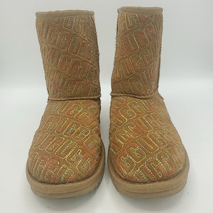 UGG Tan Multi-Color Shearling & Suede Monogram Ankle Boot Shoe Size 5 Boots