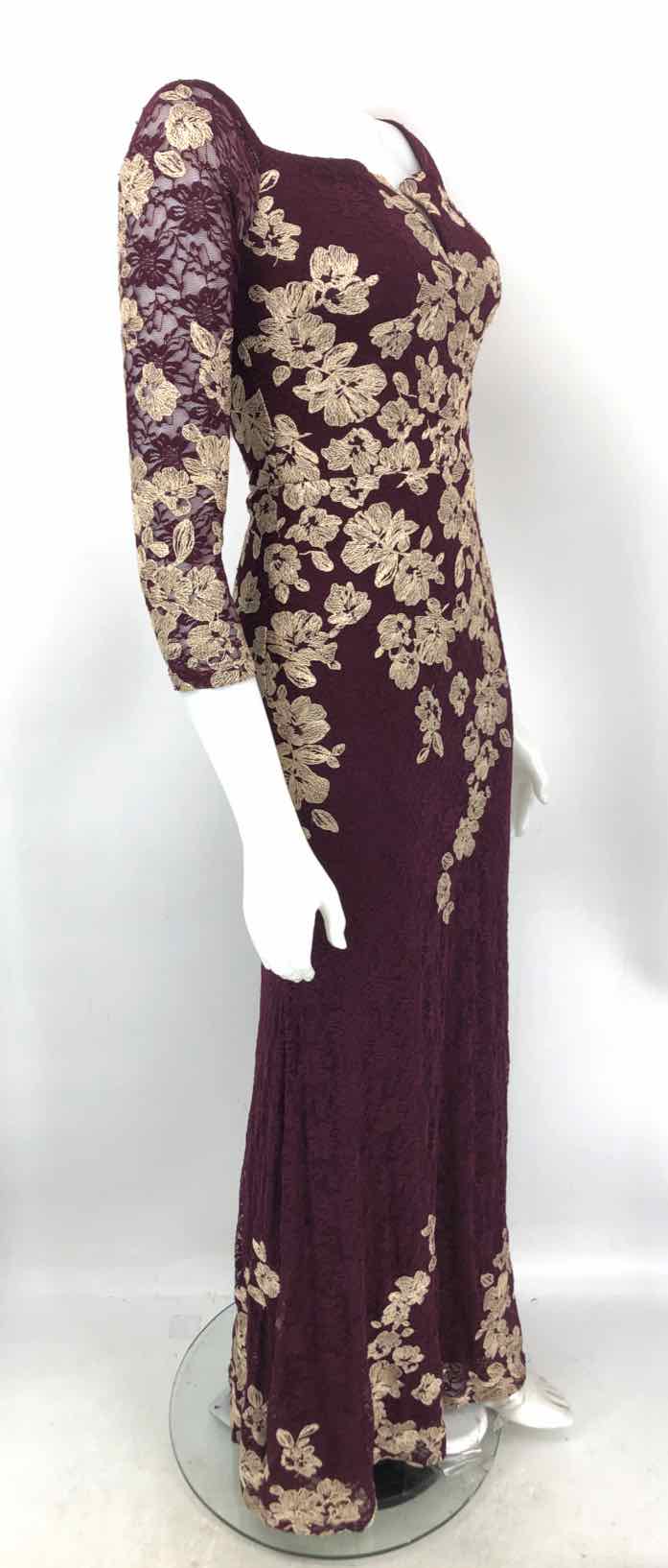 XSCAPE Burgundy Gold Lace Longsleeve Size 4  (S) Dress