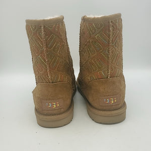 UGG Tan Multi-Color Shearling & Suede Monogram Ankle Boot Shoe Size 5 Boots
