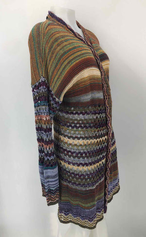 SOFT SURROUNDINGS Olive Multi-Color Cotton Blend Stripe Trim Cardigan Sweater
