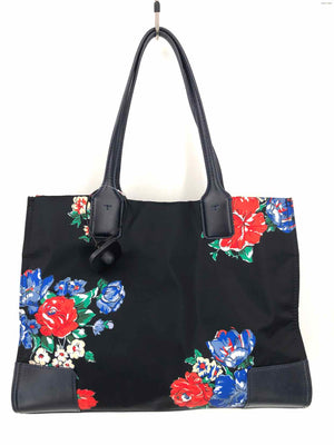 TORY BURCH Navy Black Multi Nylon & Leather Floral Tote Purse