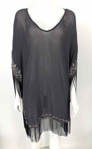 CHAN LUU Gray Brown Multi Embroidered Tassels Size X-SMALL Poncho