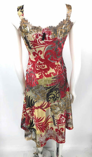 KOMAROV Burgundy Gold Scroll Pattern Crinkle Size MEDIUM (M) Dress