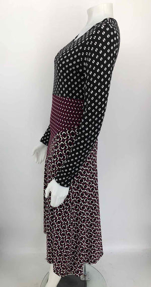 MICHAEL KORS Black & White Wine Multi Print Longsleeve Size 8  (M) Dress