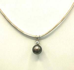 Gray Diamond 14k & Pearl Pendant on Omega Chain 14k-Necklace
