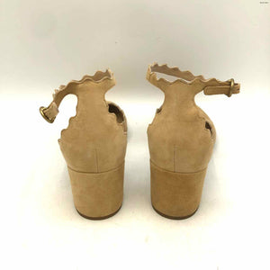 CHLOE Beige Suede Leather Scalloped Edges 2" Chunky Heel Made in Italy Shoes