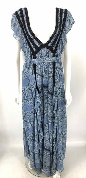 FREE PEOPLE Lt Blue Black Lace Trim Maxi Length Size LARGE  (L) Dress