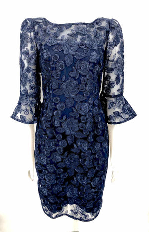 ADRIANNA PAPELL Navy Lace Mesh Floral Size SMALL (S) Dress