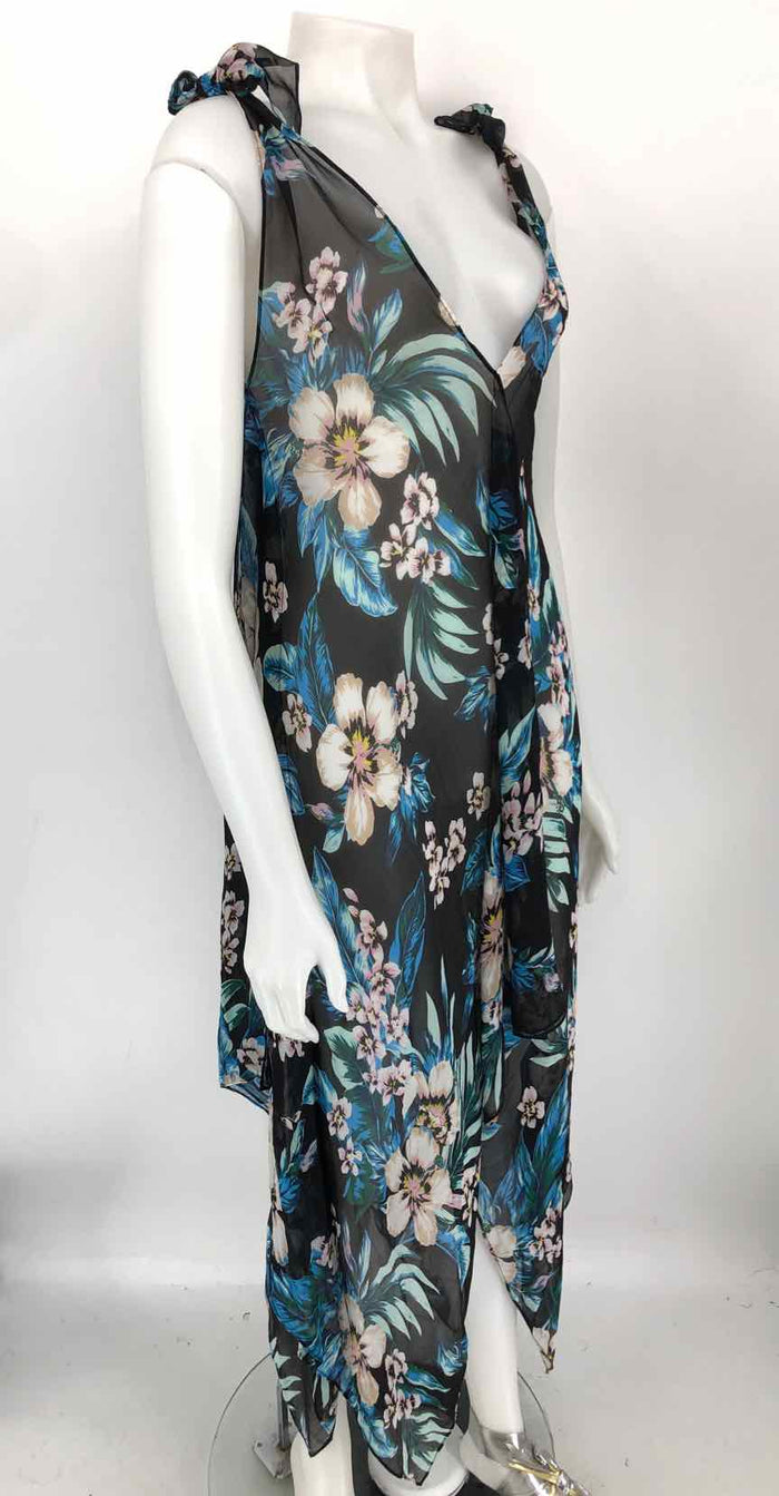 DVF - DIANE VON FURSTENBERG Black Blue Silk Floral Maxi Length Dress