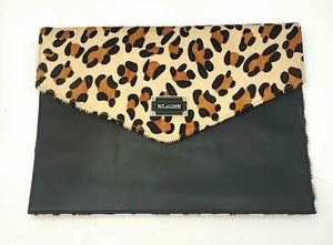 ST. JOHN Tan Black Brown Furry Leather Leopard Clutch Purse