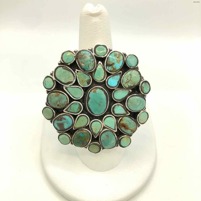 Sterling Silver Turquoise Flower SS Ring SZ-Adjust